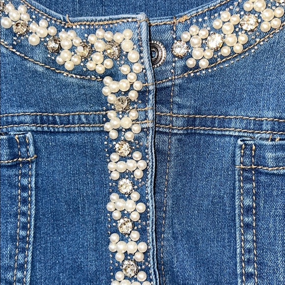 Embellished  Rhinestone Pearls Blue Denim Jacket L - Picture 6 of 6